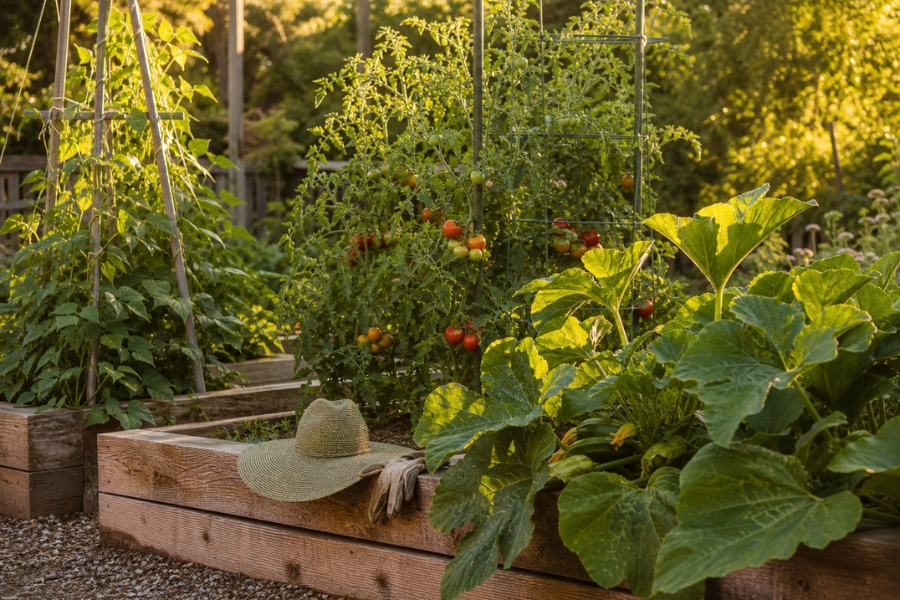 Woman tending a lush productive summer garden in July with raised beds full of vegetables