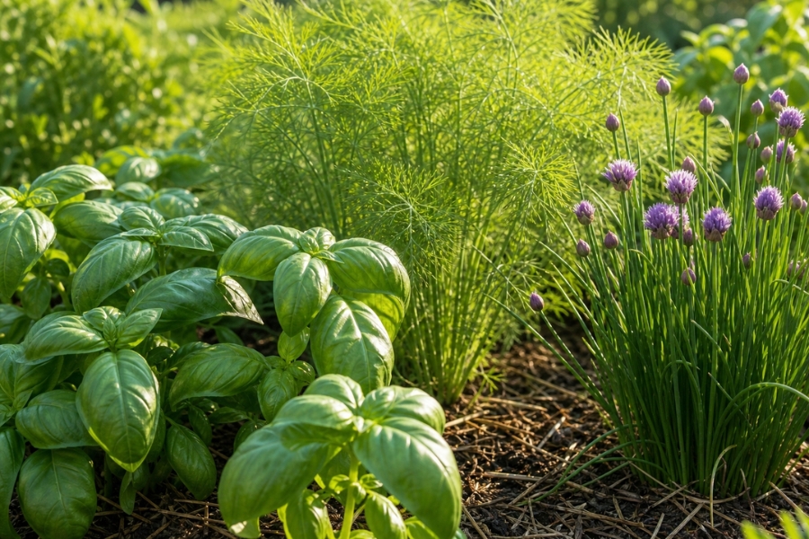Fresh basil, dill and herbs growing in a sunny summer herb garden