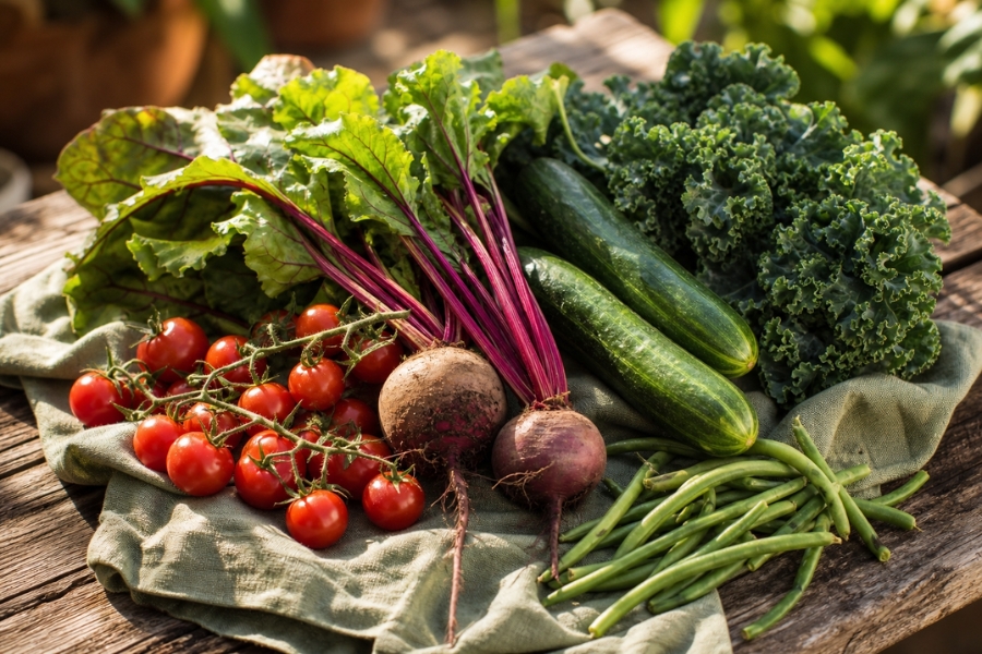 Fresh summer vegetables including tomatoes, cucumbers, beans and beets harvested from a July garden