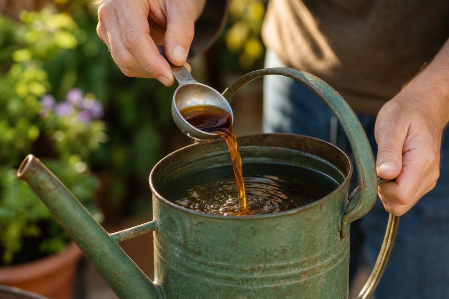 Pouring homemade liquid fertilizer from a measuring spoon into a green metal watering can