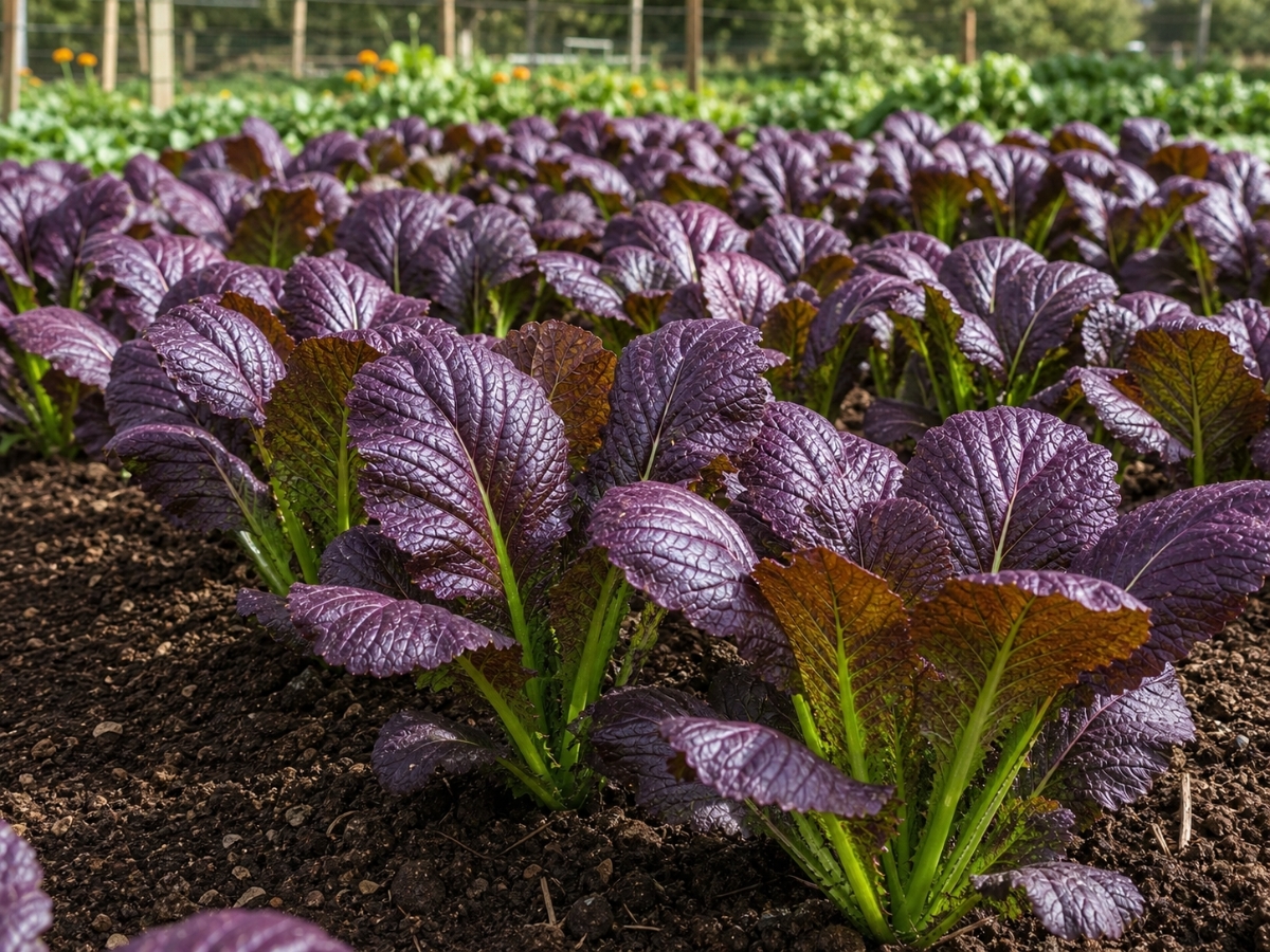 Close-up of giant red mustard green leaves with deep burgundy-purple colour growing in garden soil