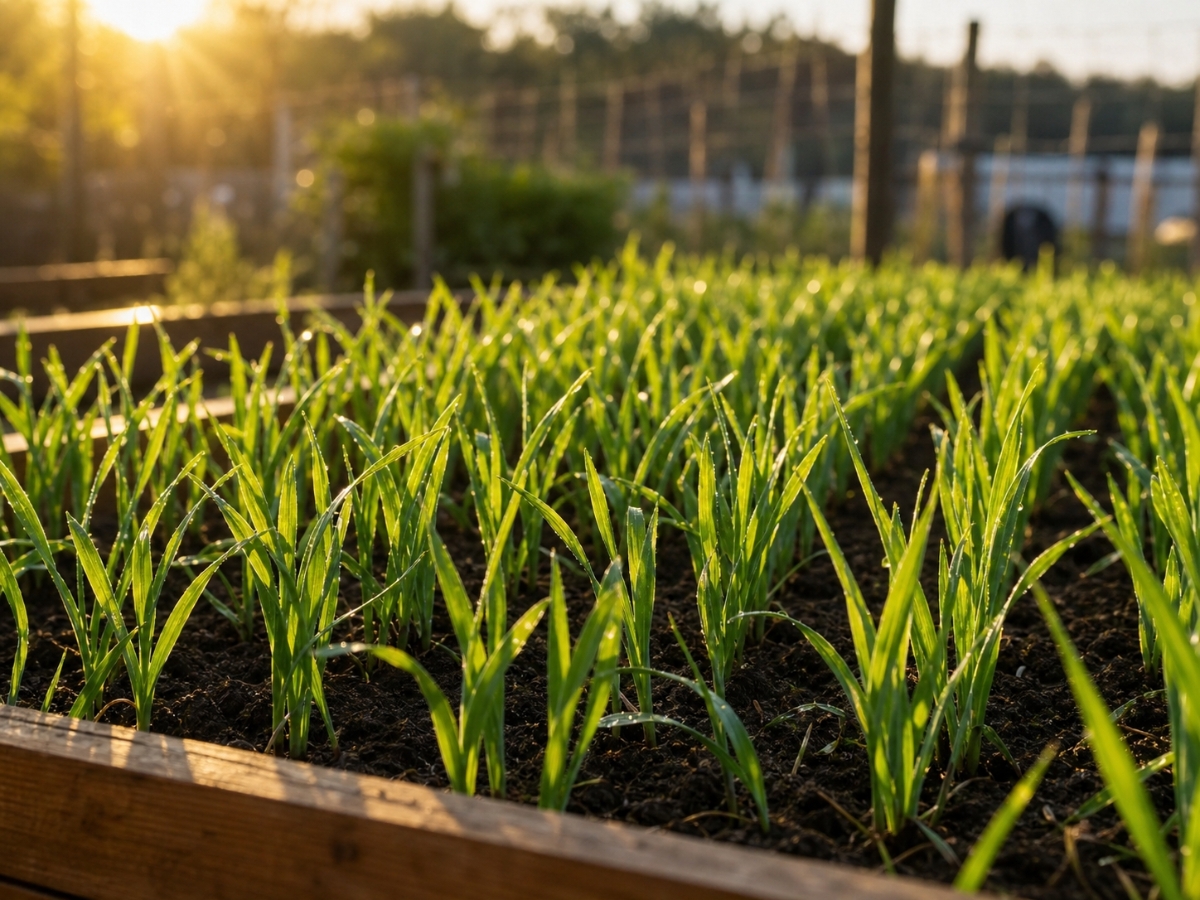 Dense stand of young green oat cover crop shoots growing in neat rows in a raised garden bed with morning light on the tips