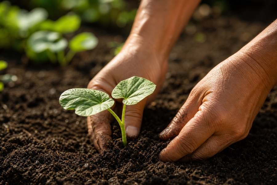 Pumpkin seedlings being planted in a summer garden for a Halloween harvest