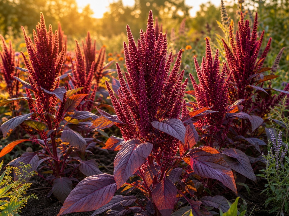 Tall red amaranth plants with dramatic deep red-purple plumes backlit by warm afternoon sun in a garden bed