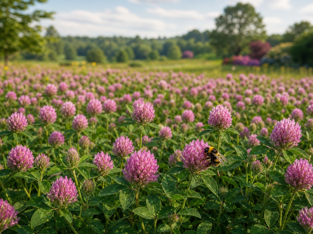 Pink-purple red clover blooms in a garden bed with a bumblebee landing on a flower