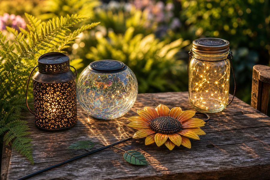 Assortment of decorative solar garden lights displayed on a patio table at dusk