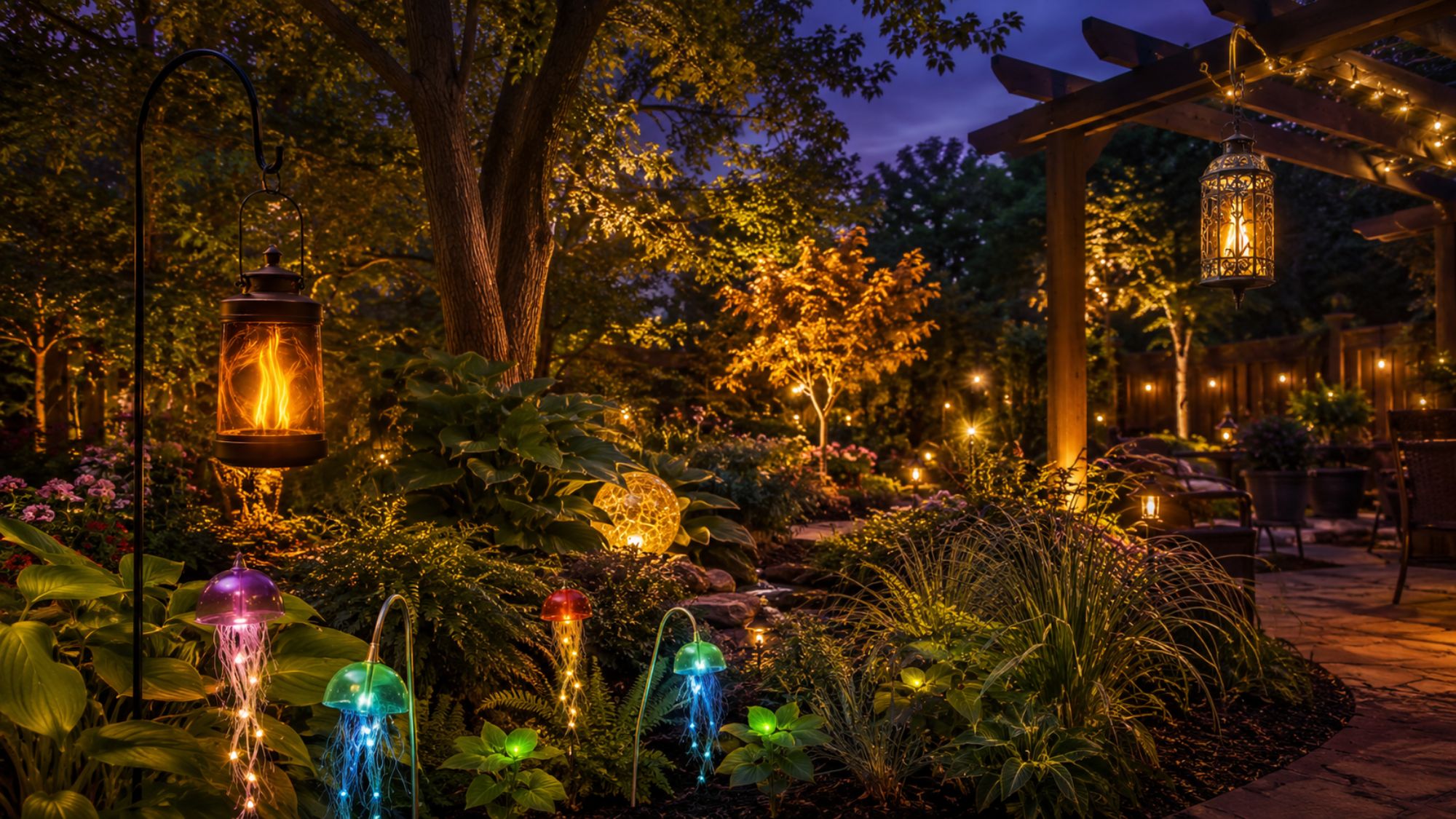 Beautiful solar decorative garden lights glowing in a lush backyard garden at dusk