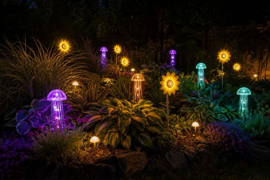 Colorful decorative solar garden stake lights glowing in a flower bed at night