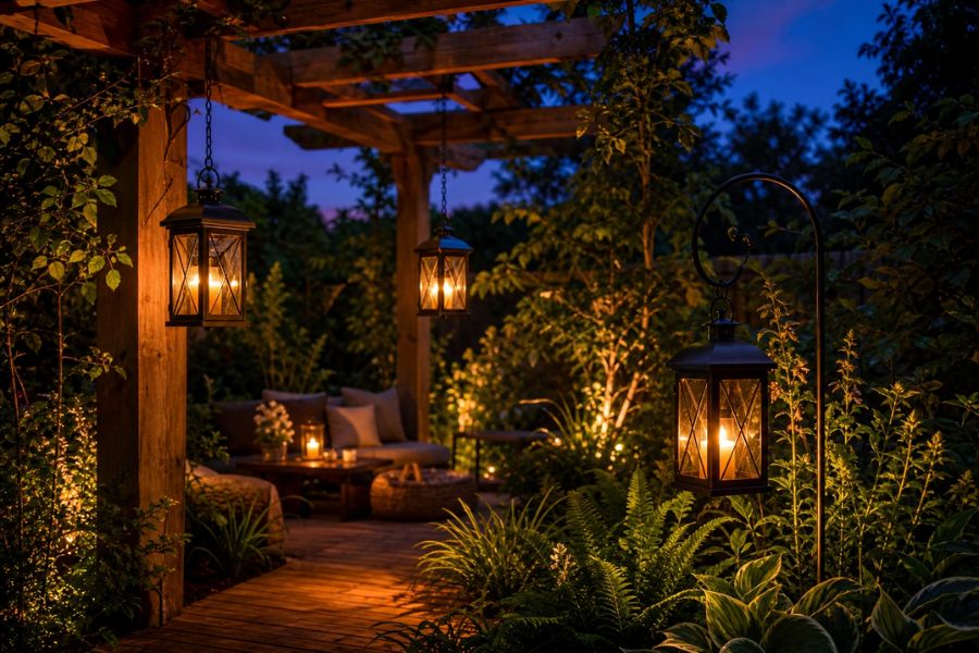 Decorative solar hanging lanterns glowing in a garden at dusk