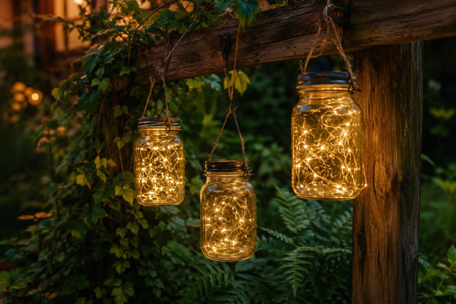 Solar mason jar fairy lights hanging in a garden with warm white glow