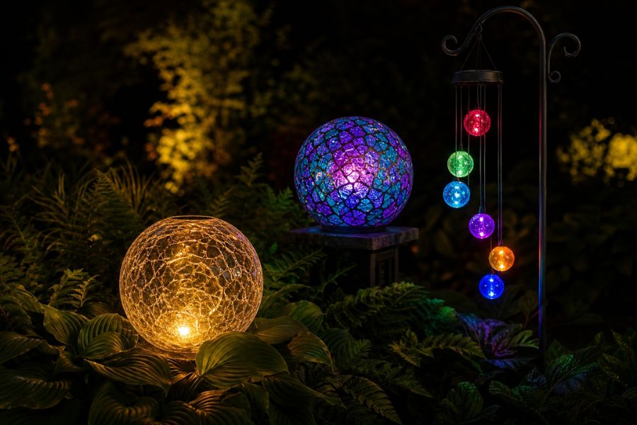 Decorative solar garden ornaments including glass ball and wind chime glowing at night