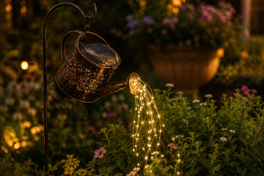 Solar metal watering can light hanging from a shepherd hook in a garden at dusk