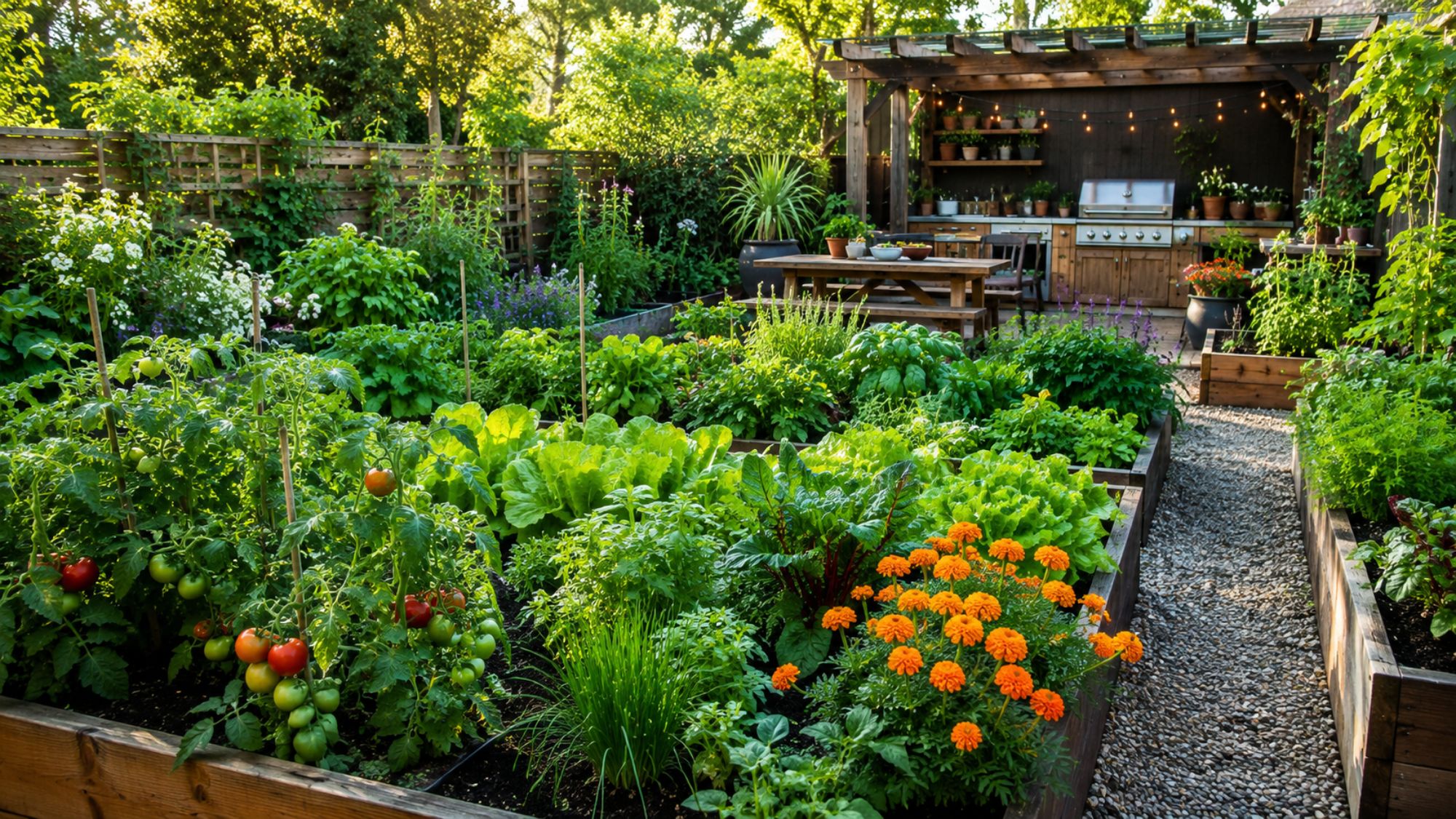 Lush thriving backyard vegetable and herb garden growing vigorously in summer sunlight
