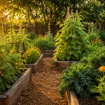 Lush summer vegetable garden in July with tomatoes, zinnias, and raised beds
