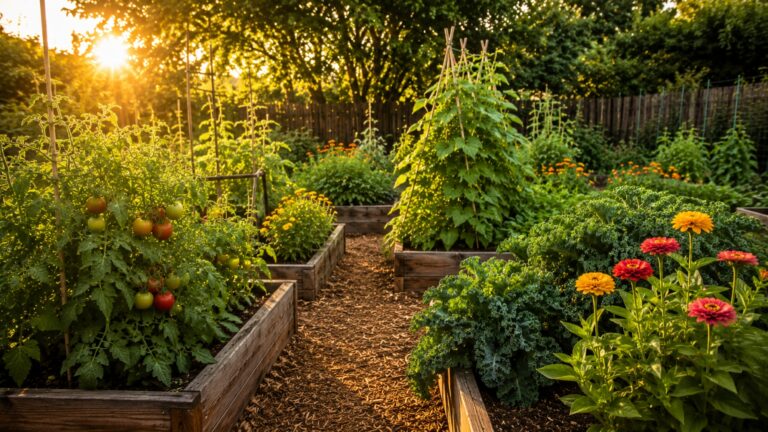 Lush summer vegetable garden in July with tomatoes, zinnias, and raised beds