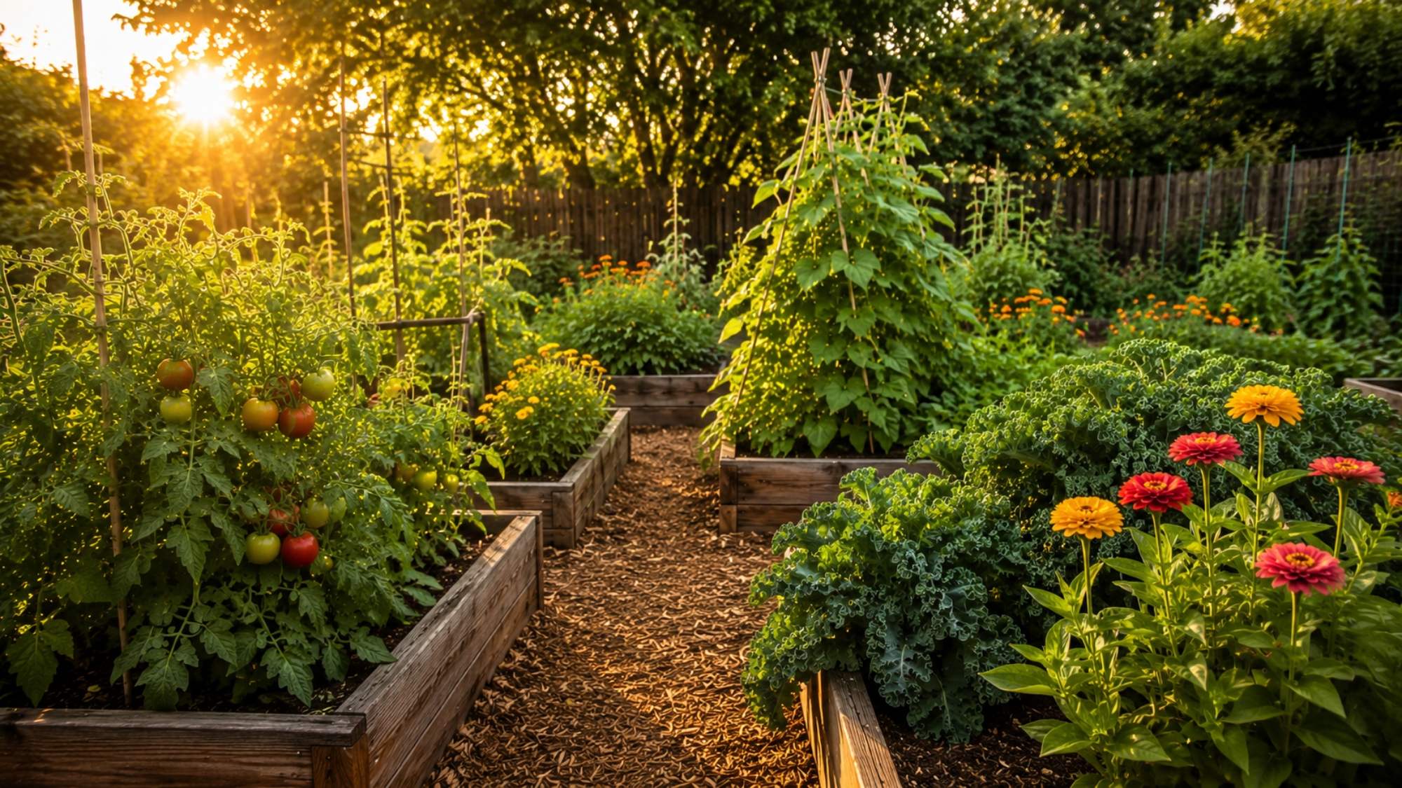 Lush summer vegetable garden in July with tomatoes, zinnias, and raised beds
