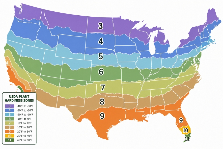 USDA plant hardiness zone map of the United States showing zones 3 through 11
