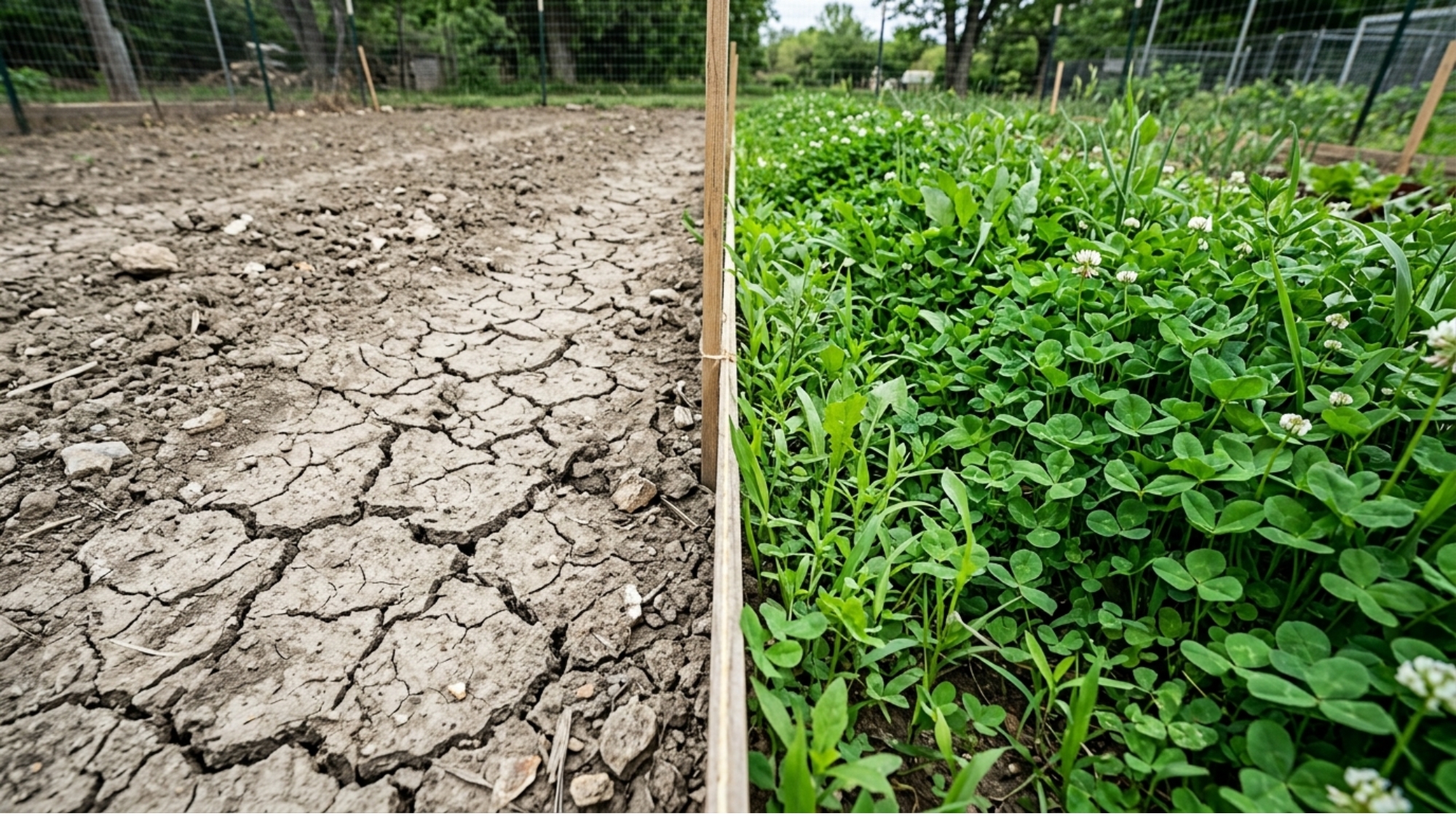 Side by side comparison of dry cracked bare garden soil next to lush green clover and seedlings covering healthy soil