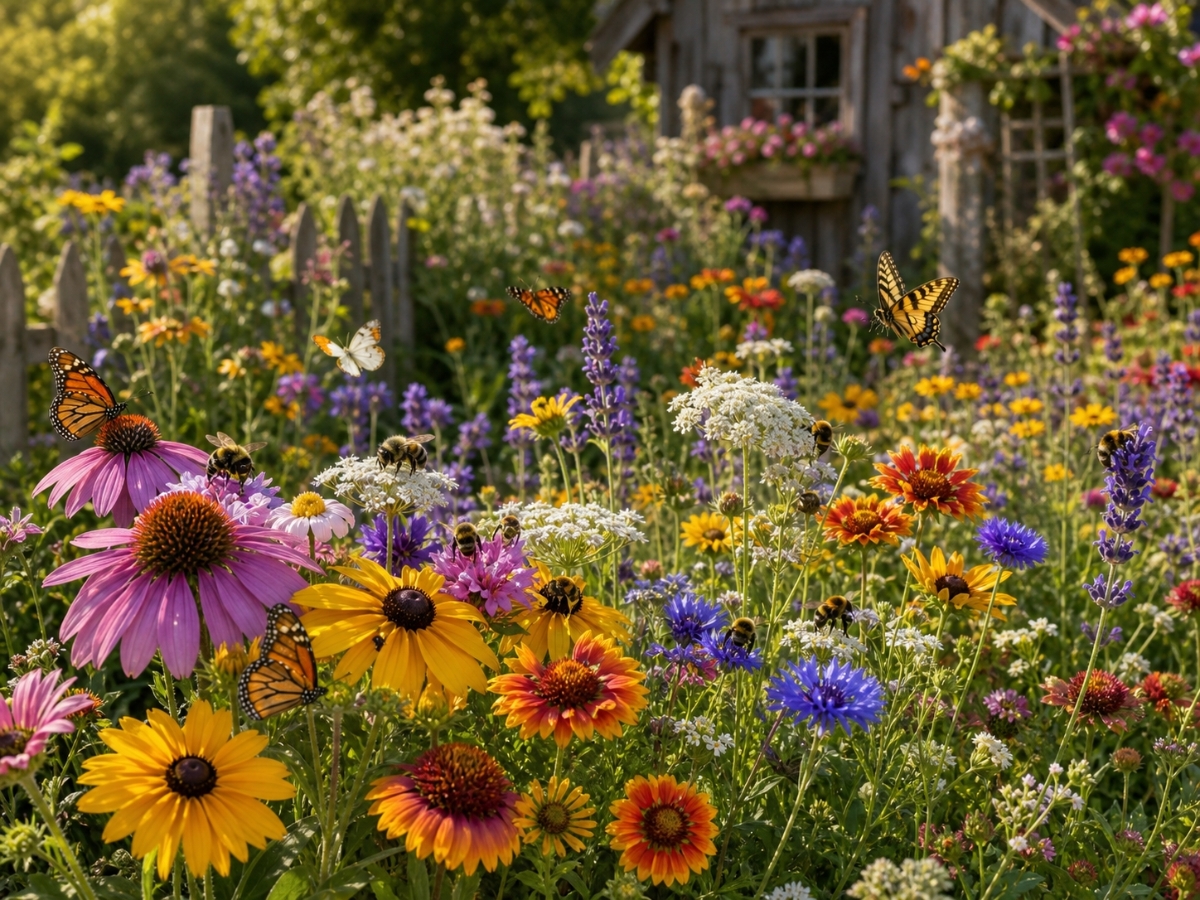 A vibrant patch of mixed wildflowers in yellows, oranges, purples and whites growing in a cottage garden with butterflies and bees