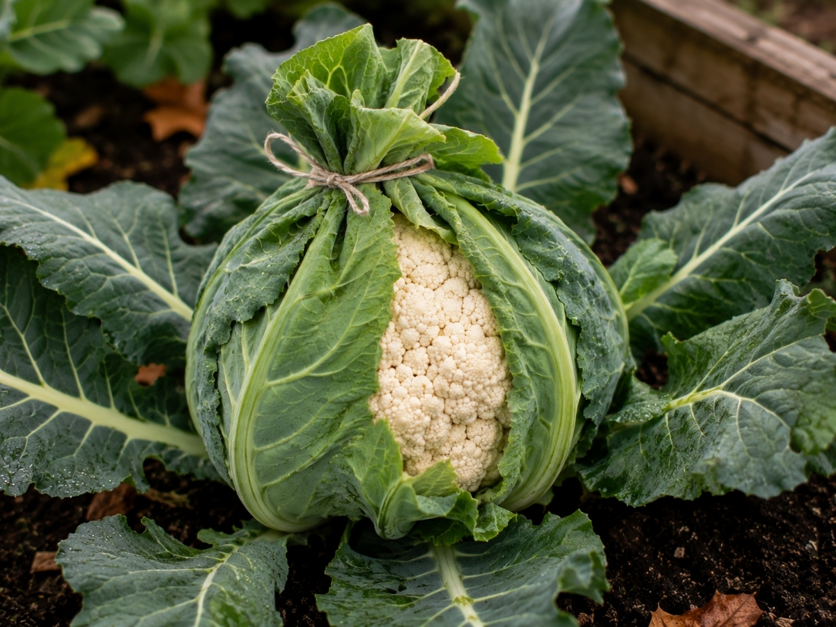 Cauliflower head growing in a fall garden, a trickier pick for beginner gardeners