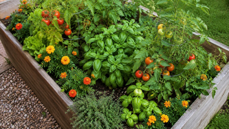 companion planting guide for beginners - garden bed with herbs and vegetables