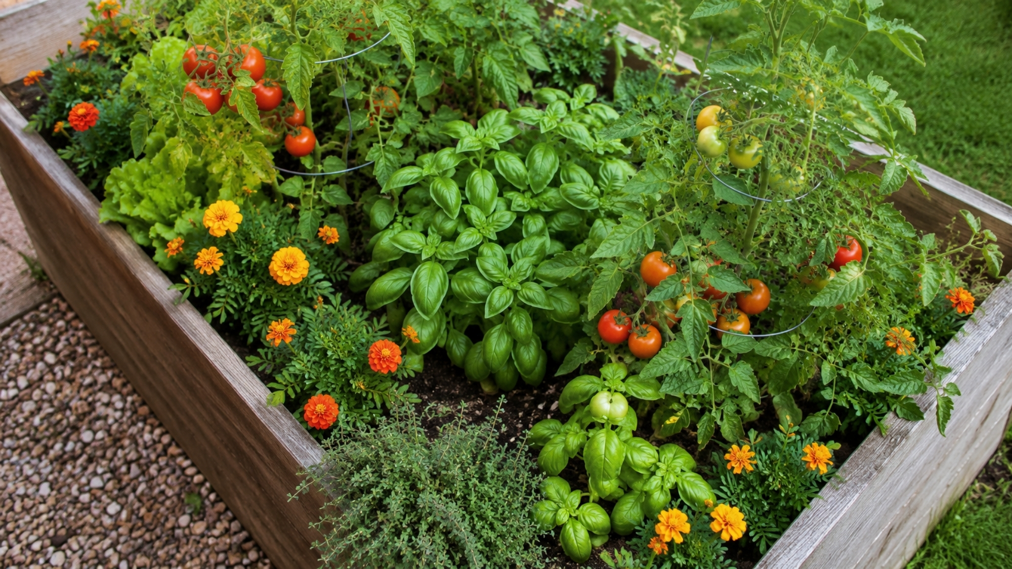 companion planting guide for beginners - garden bed with herbs and vegetables