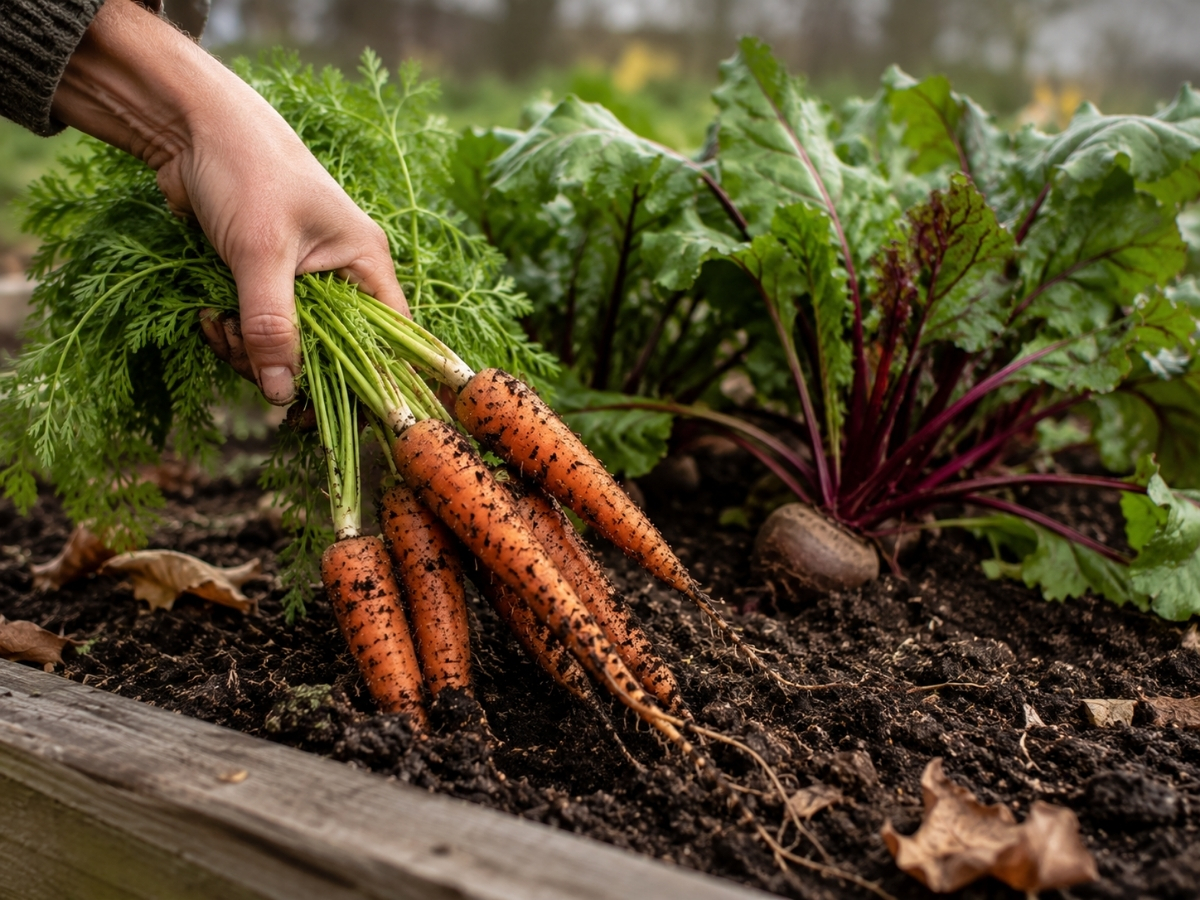Carrots and beets growing in a fall vegetable garden