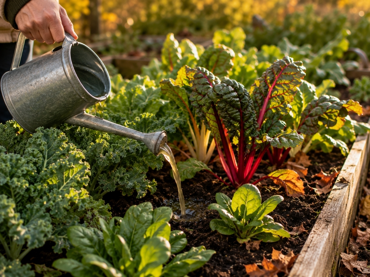 Feeding a fall vegetable garden with fertilizer