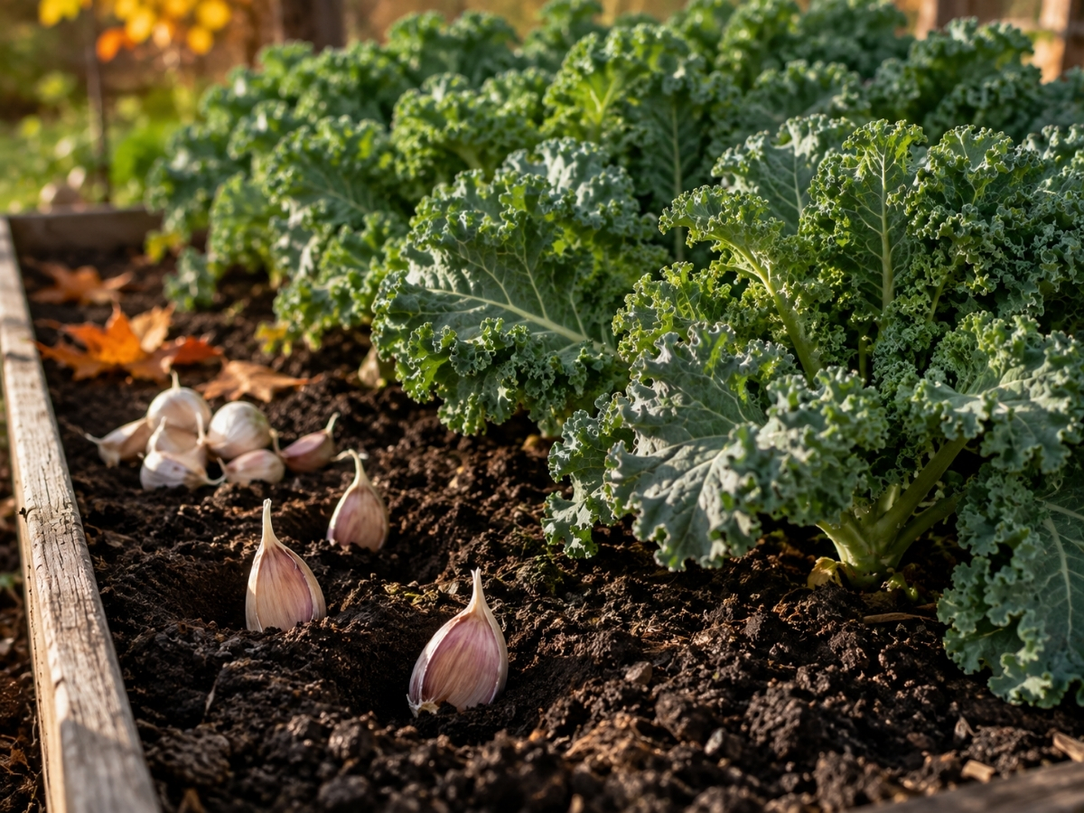 Garlic and kale growing in a fall garden bed