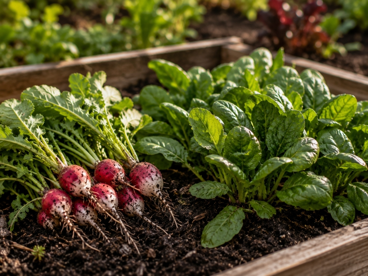 Radishes and spinach, easy fall vegetables for beginners