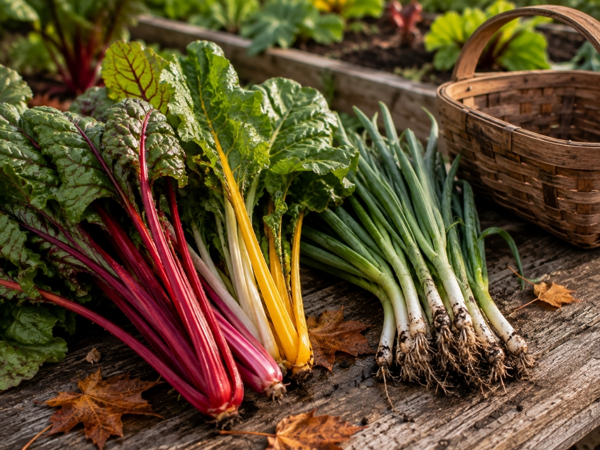 Swiss chard and green onions in a fall garden