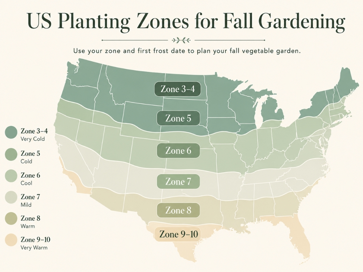 Fall vegetable planting zones by US region map