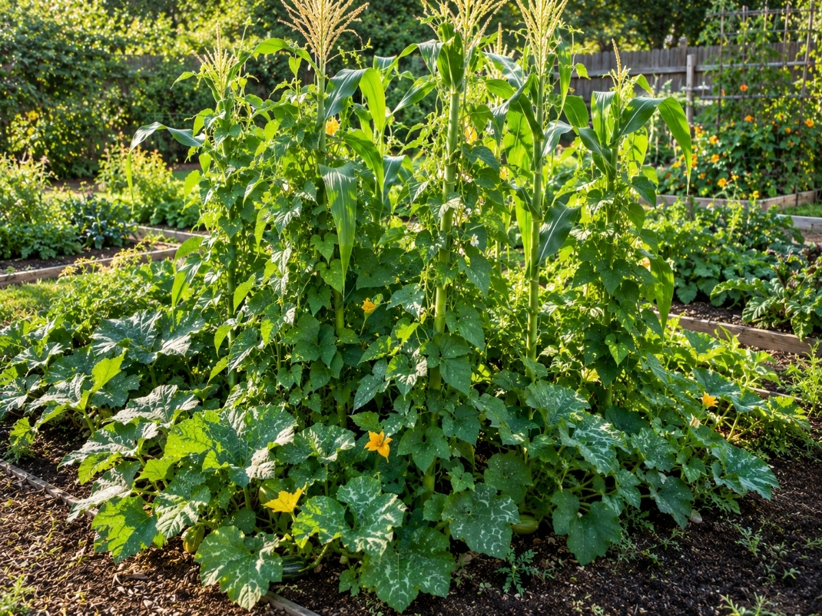 Three sisters companion planting method - corn beans and squash