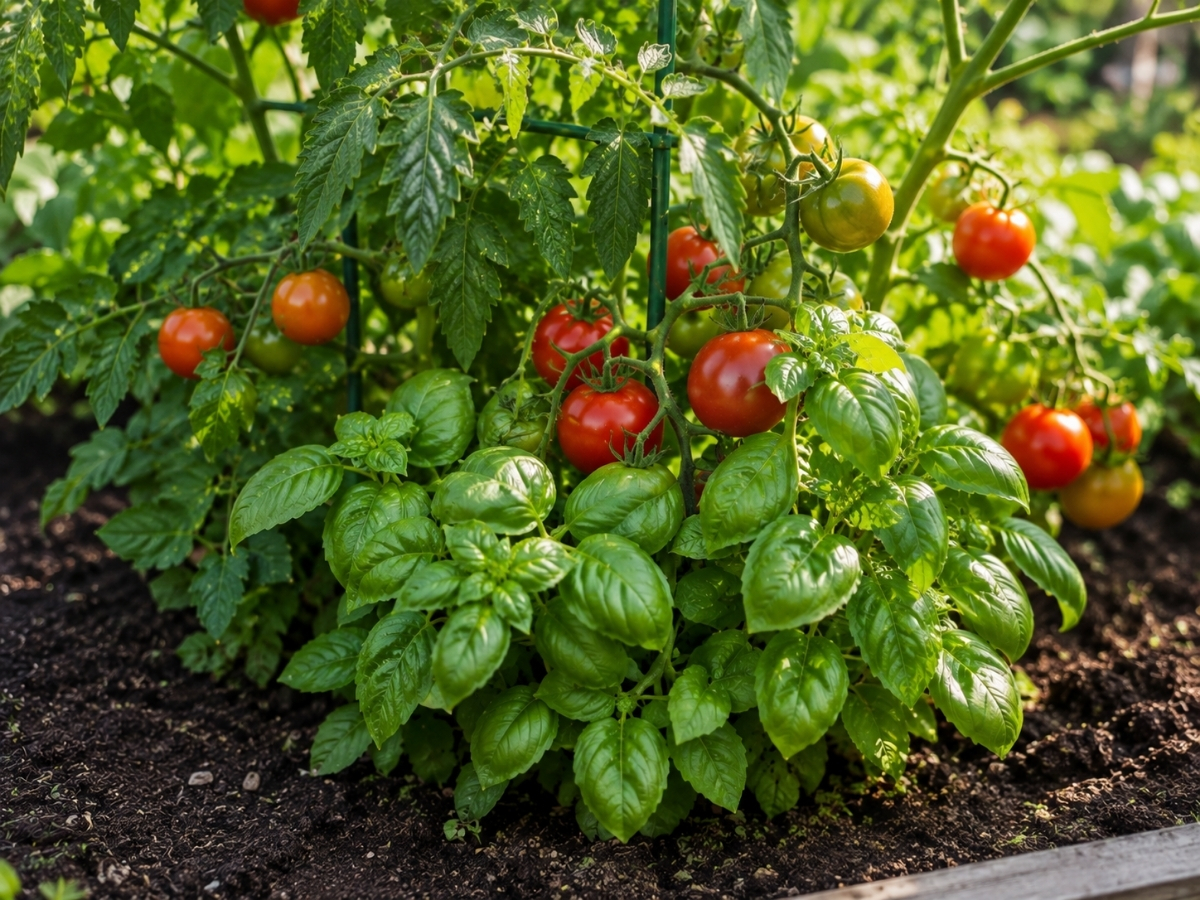 Tomato and basil companion planting pair in garden bed
